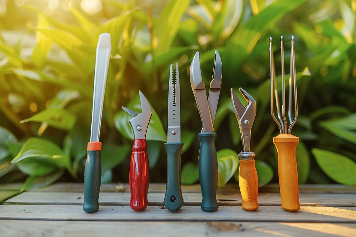 Cinq outils de taille propres posés sur un établi en bois devant des arbustes de jardin fraîchement taillés
