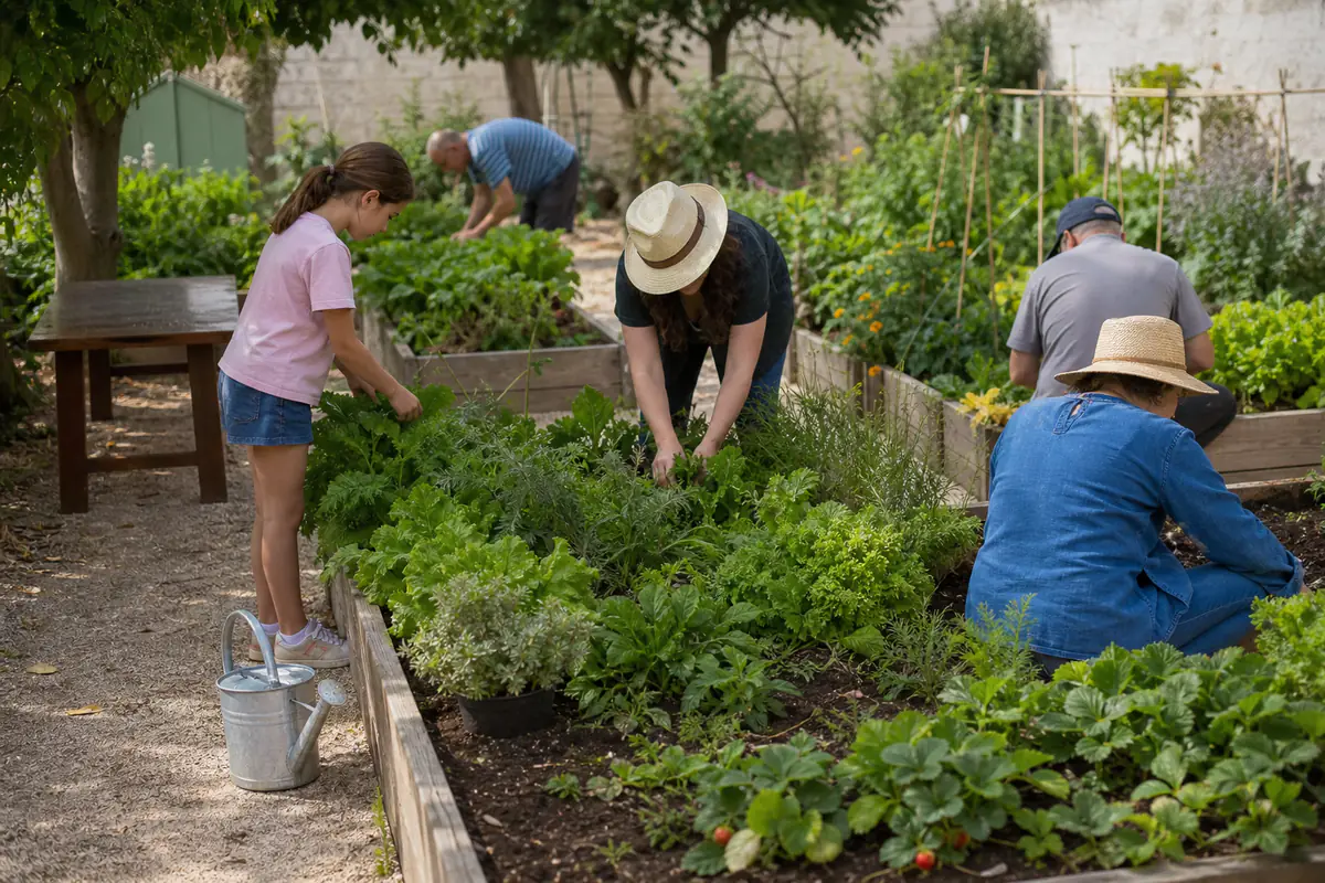 Jardin intergénérationnel avec enfants, adultes et aînés qui plantent des légumes dans des bacs surélevés accessibles