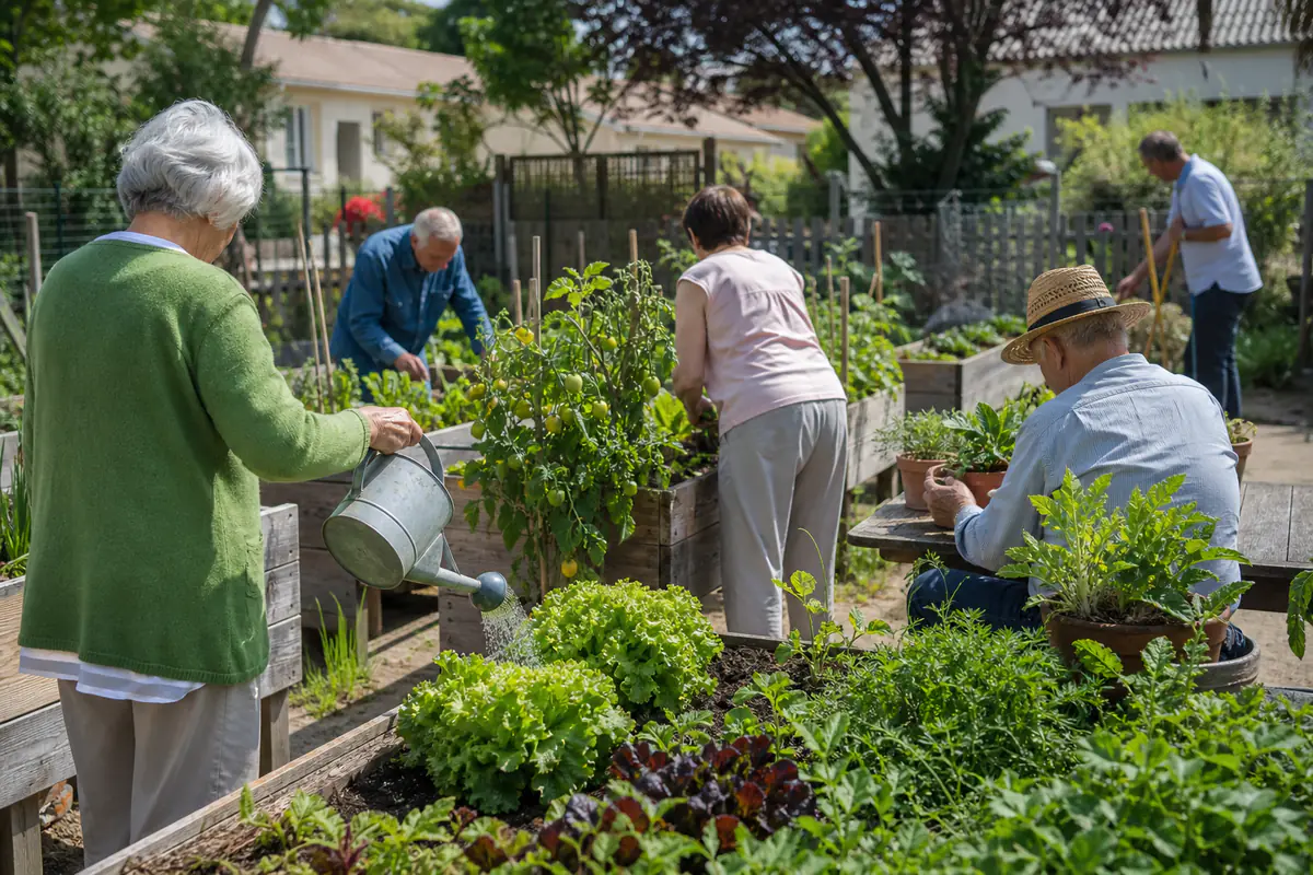 Des seniors jardinent ensemble dans des bacs potagers surélevés, autour d’une table de semis ensoleillée.