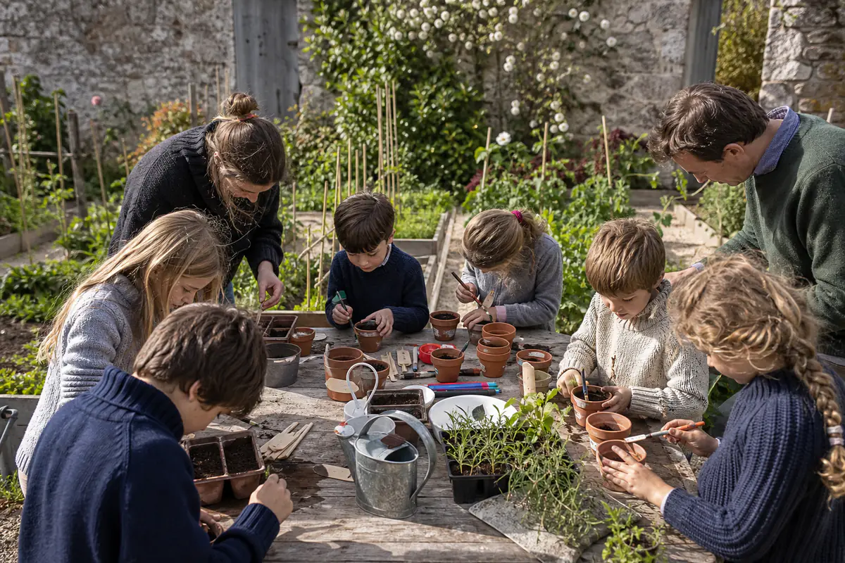 Enfants autour d’une table de jardin, peignant des étiquettes avant de semer des graines en pots