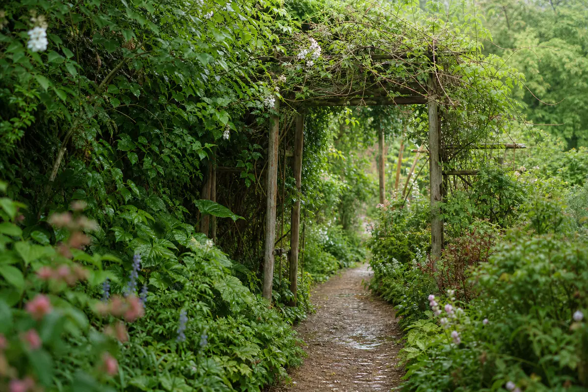 Allée ombragée du Jardin des Lianes dans le Pas-de-Calais, avec plantes grimpantes sur arches en bois