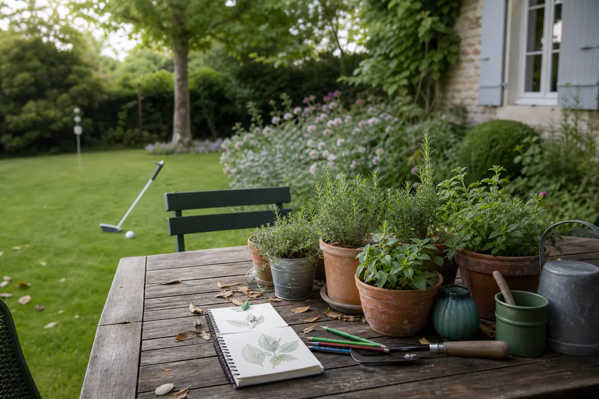 Table de jardin avec plants aromatiques, feuilles à dessiner et putter posé sur une pelouse familiale