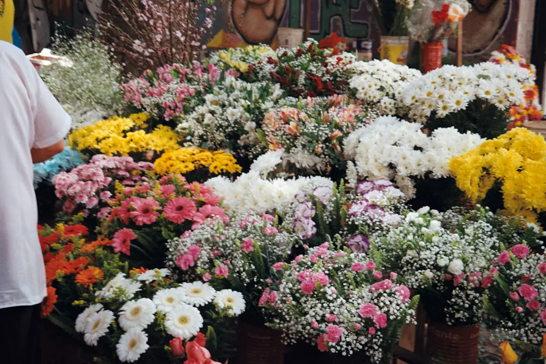 Visiteur choisissant des vivaces fleuries sous un auvent lors d’un marché aux fleurs pluvieux, avec des godets au sol.