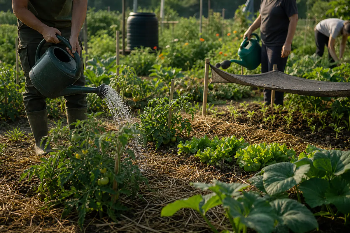 Jardiniers arrosant au pied des légumes paillés dans un jardin partagé durant une chaude matinée d’été.