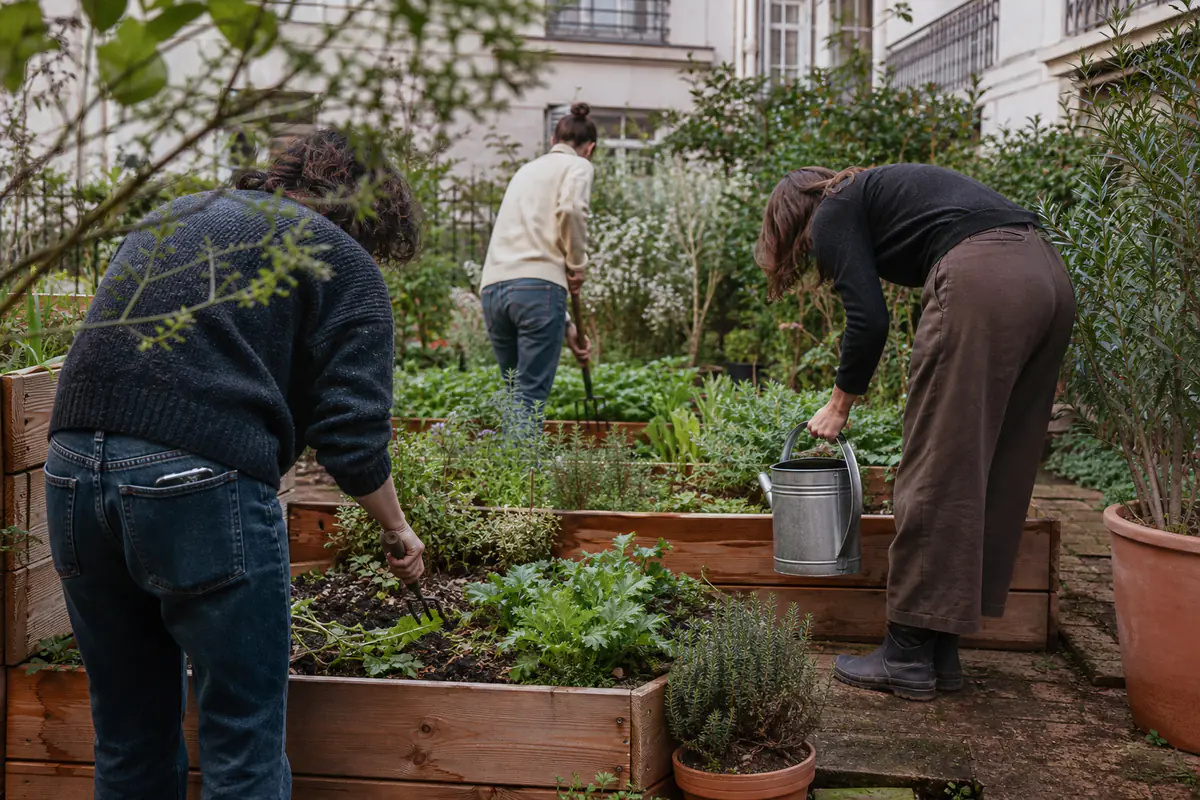 Voisins jardinant ensemble dans des bacs fleuris et potagers sur une cour parisienne lumineuse