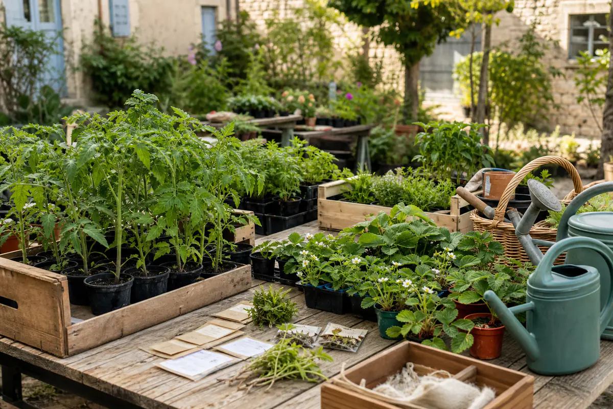 Jardiniers échangeant des plants potagers étiquetés sur des tables lors d’un vide-potager en plein air.