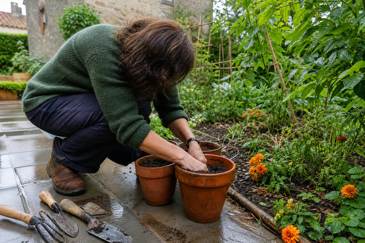 Jardinier en vacances ajustant l’arrosage de pots après une averse dans un jardin français lumineux