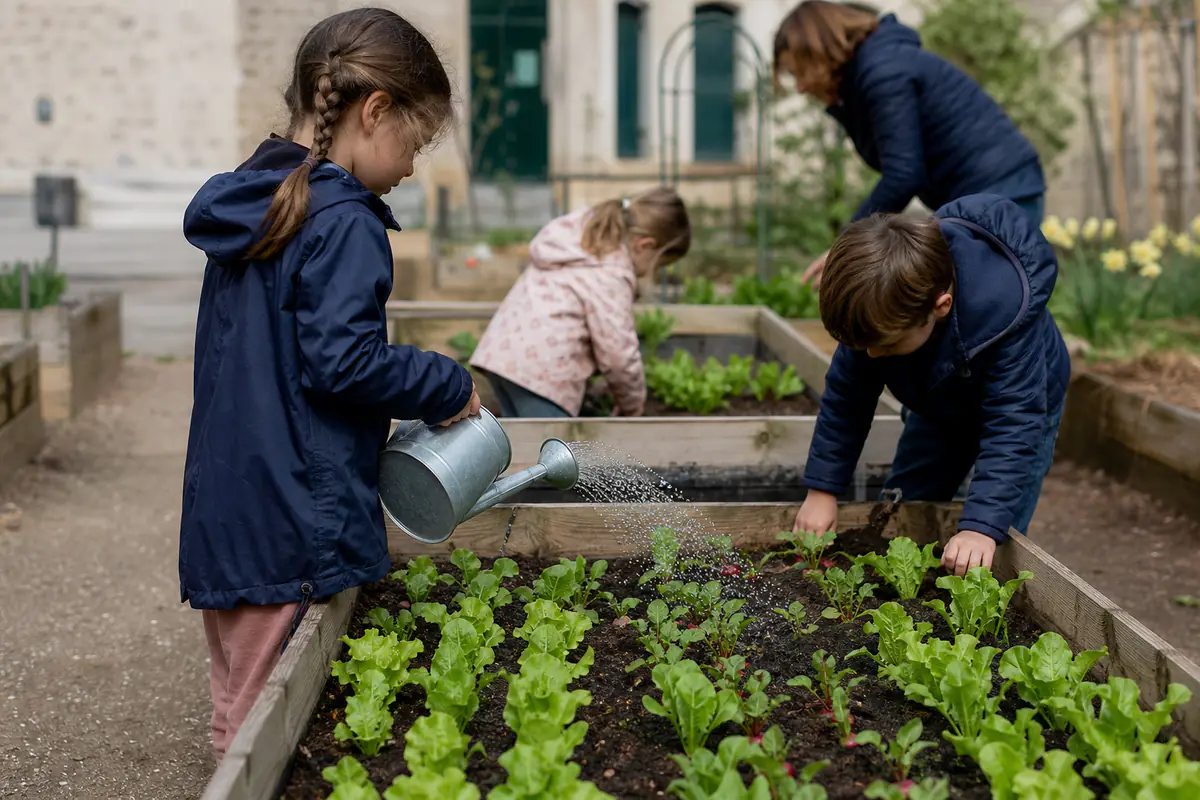 Jeunes élèves observant et arrosant des plants de laitue dans des bacs en bois au jardin de l’école.