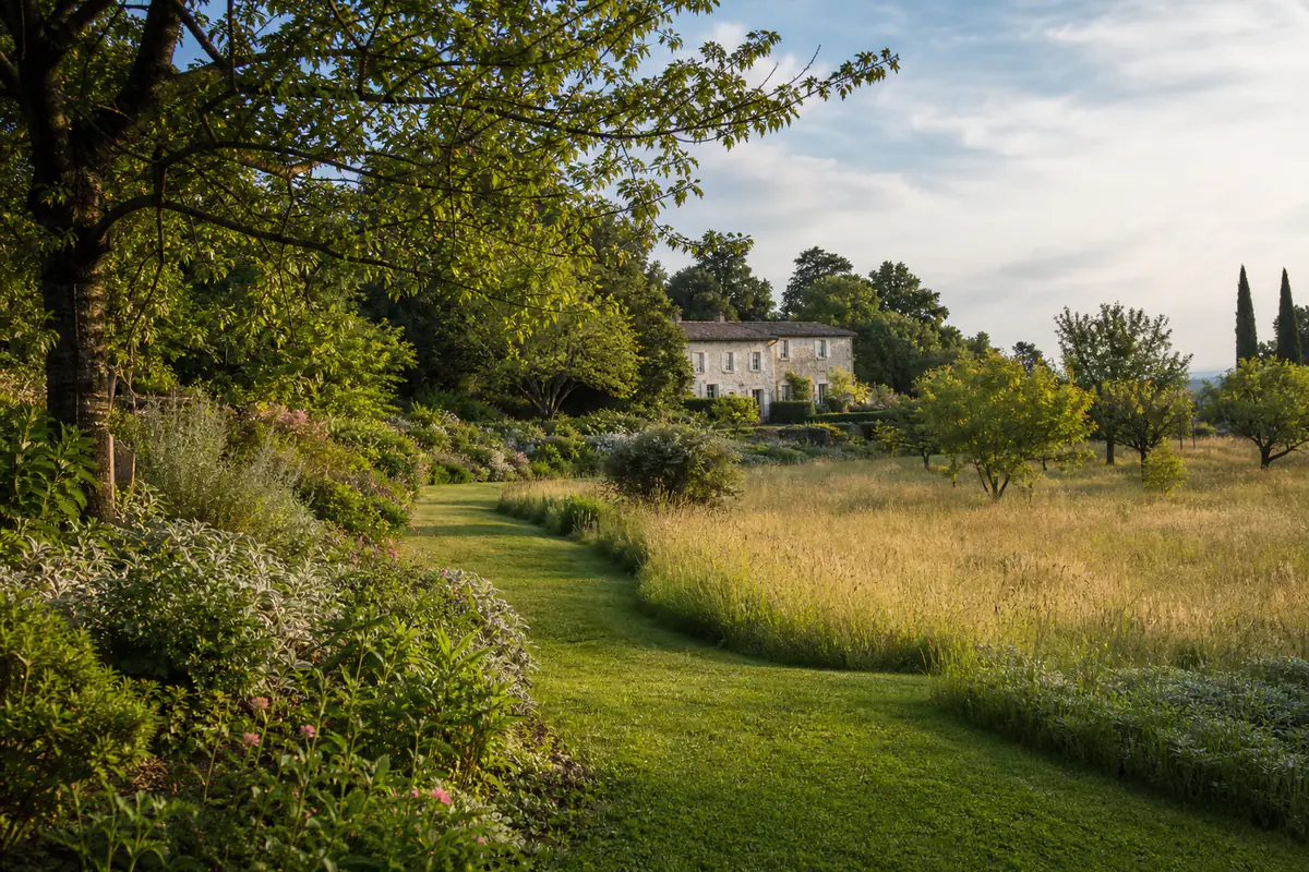 Grande propriété paysagère avec prairie, allée sinueuse, arbres matures et massifs fleuris autour d’une maison de campagne