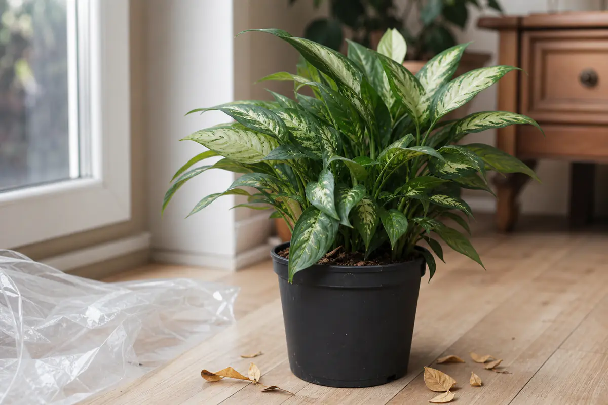 Plante d’intérieur en pot de culture posée près d’une fenêtre claire, manchon plastique retiré et déposé à côté