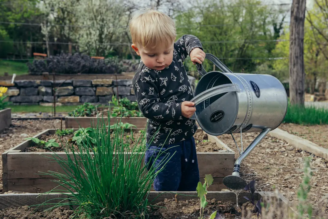 Jardinière française versant de la terre végétale dans un potager ensoleillé, avec outils et jeunes plants