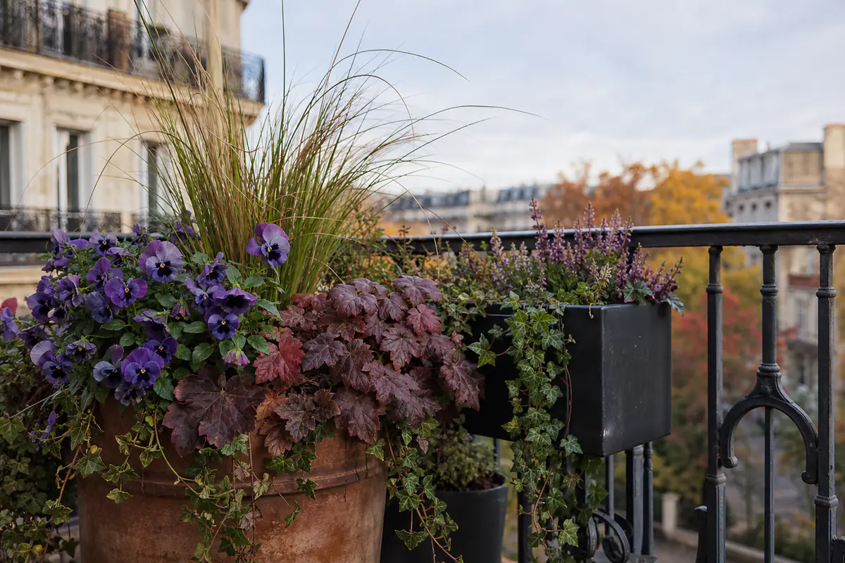 Jardinière d’automne sur un balcon français mêlant pensées, heuchères, carex et lierre retombant