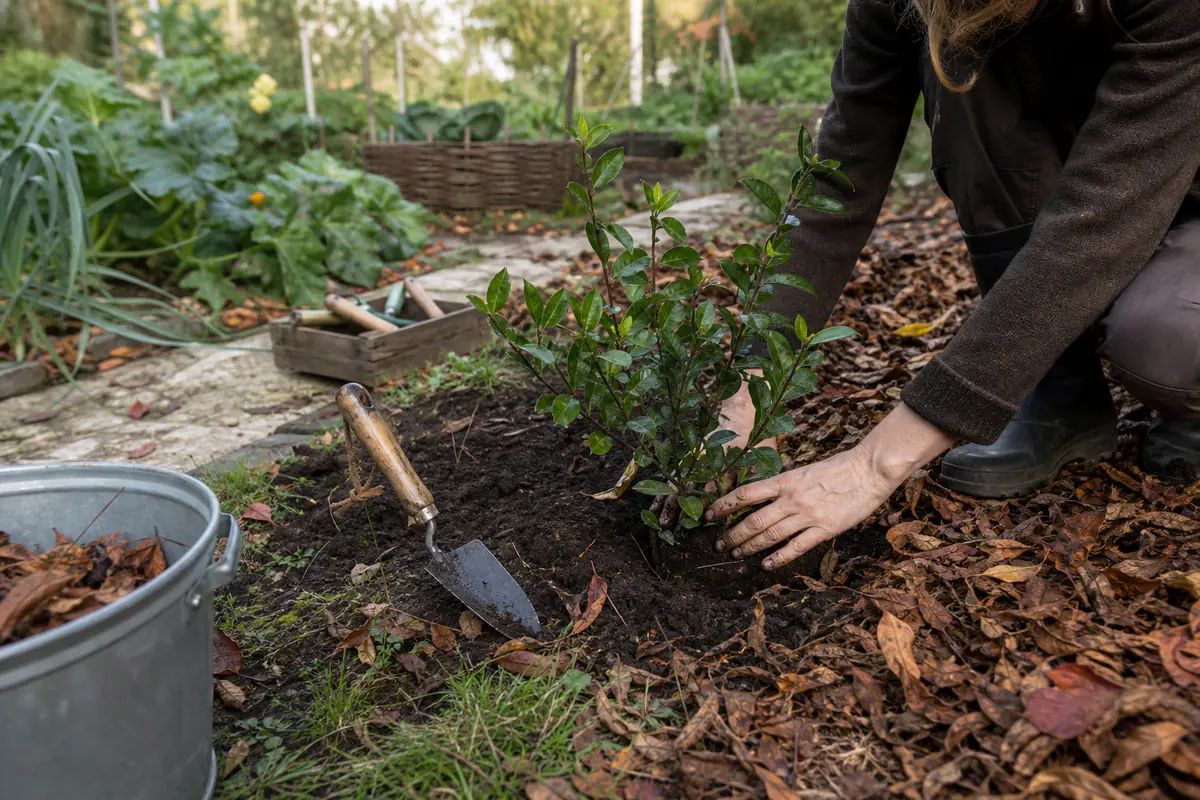 Jardin français en automne avec arbustes nouvellement plantés, paillage de feuilles et outils posés sur le sol