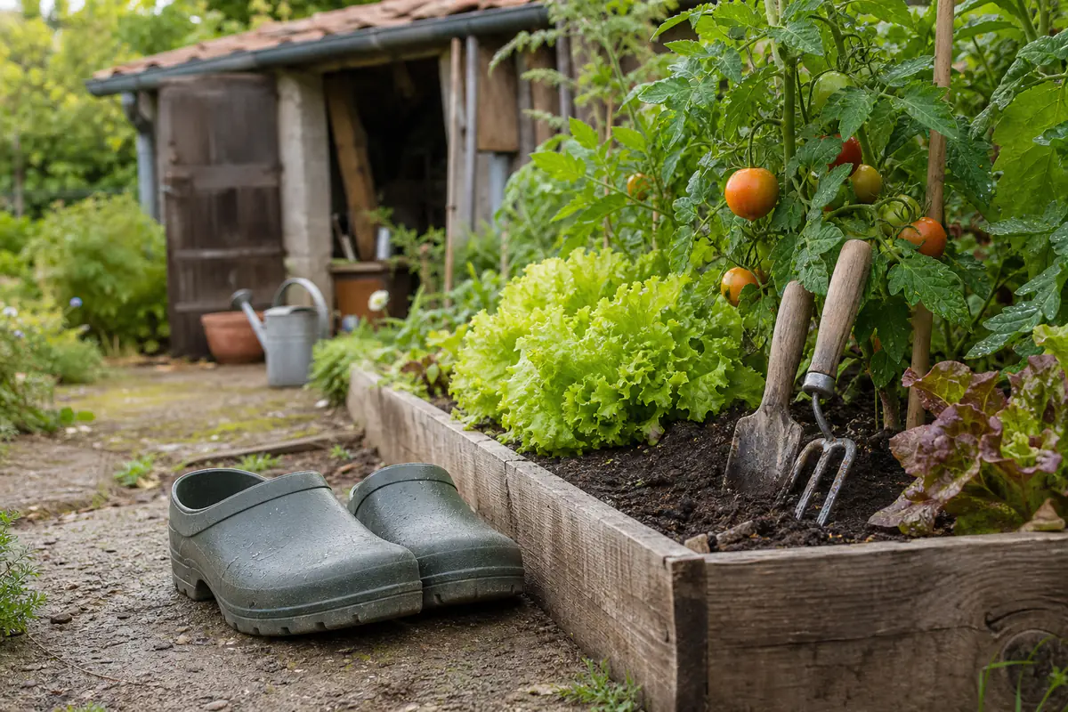 Paire de sabots de jardinage posée près de rangs de légumes sur un sol de potager légèrement humide