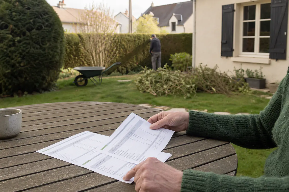 Propriétaire comparant un devis détaillé de jardinage près d’une haie et de déchets verts dans un jardin français