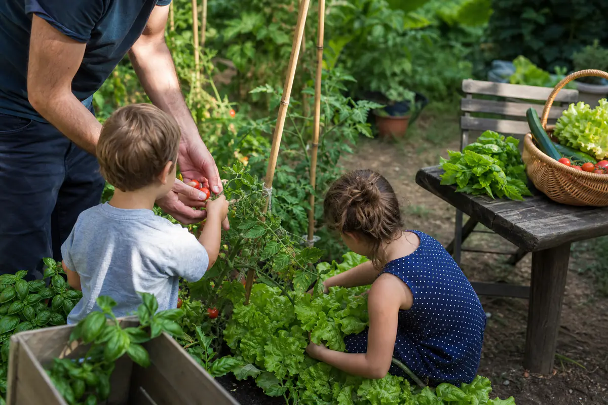 Famille préparant une salade avec des herbes et légumes récoltés dans un petit potager ensoleillé