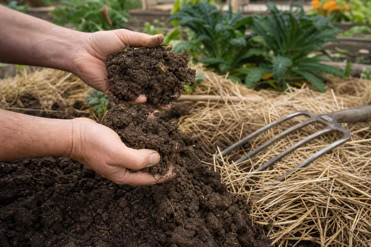 Mains de jardinier émiettant une motte de terre argileuse brune au-dessus d’une planche de potager paillée
