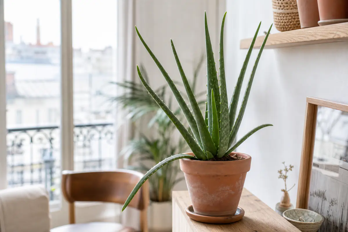 Aloe vera en pot de terre cuite près d'une fenêtre, rosette ferme et quelques feuilles basses légèrement affaissées
