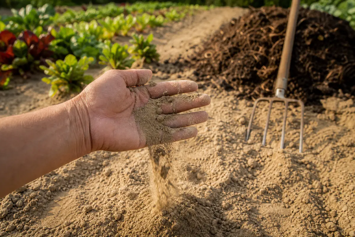 Main de jardinier laissant filer une terre sableuse claire au-dessus d’une planche de potager, grelinette posée à côté