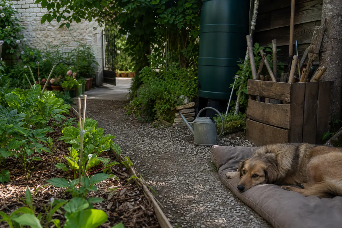 Jardin familial français mêlant potager paillé, récupérateur d’eau et coin sécurisé pour un chien.