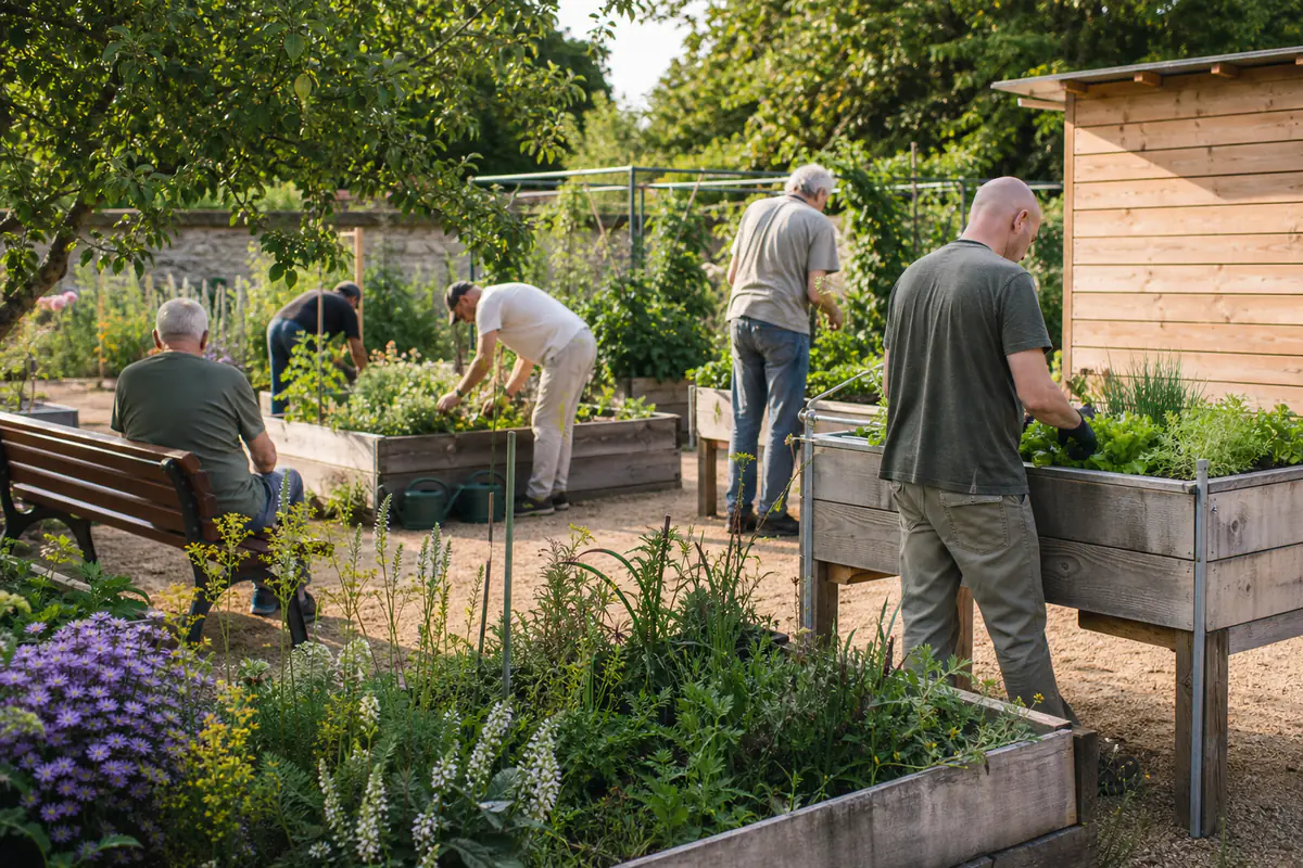 Groupe de vétérans jardiniers réunis autour de bacs potagers accessibles dans un jardin français ensoleillé.