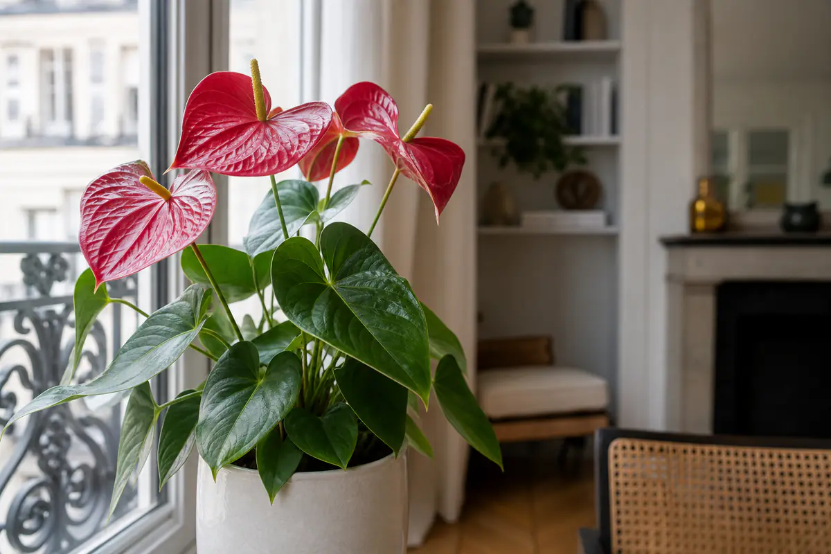 Anthurium aux spathes rouges brillantes en forme de cœur, feuillage vert dense, dans un intérieur français lumineux