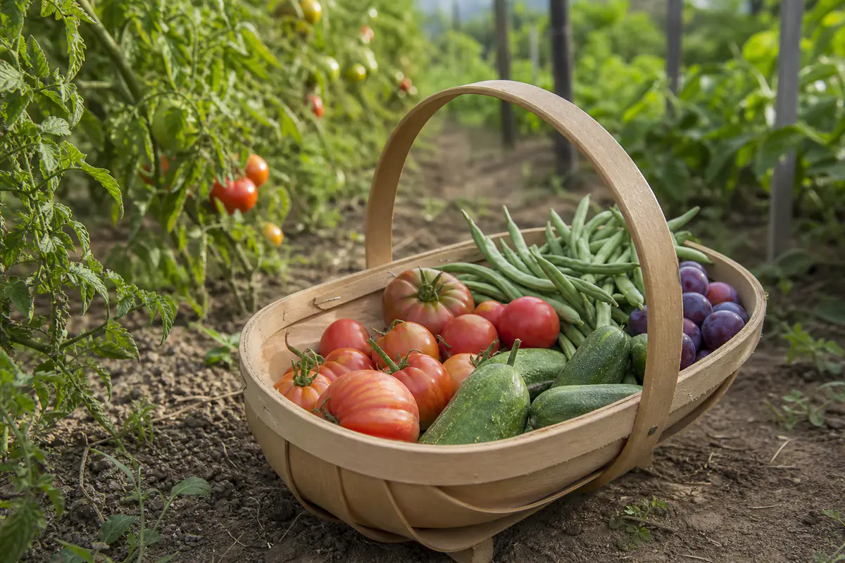 Panier de tomates, courgettes, haricots et prunes fraîchement cueillis dans un potager français en août