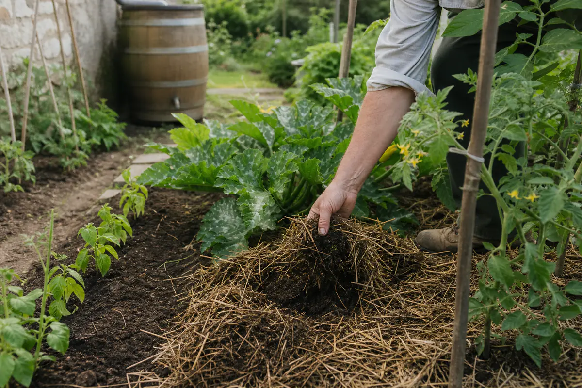 Jardinière vérifiant l'humidité d'un potager paillé près de tomates à la fin du mois de juin