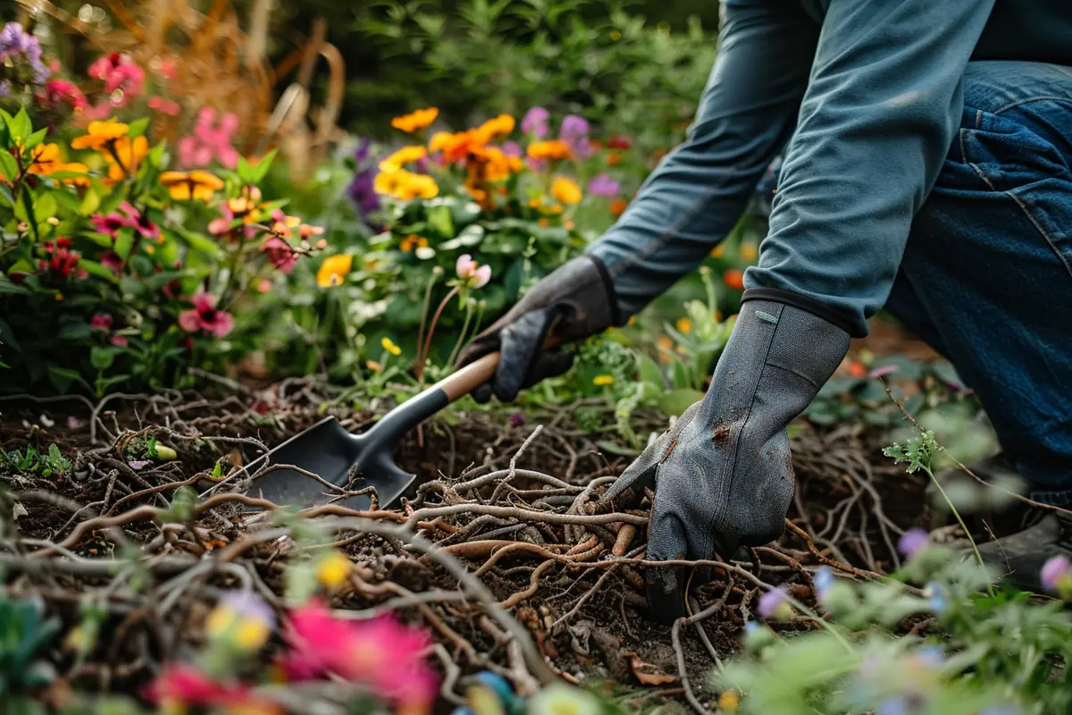 Jardinier retirant à la bêche la motte et les racines d’un vieil arbuste dans un jardin français
