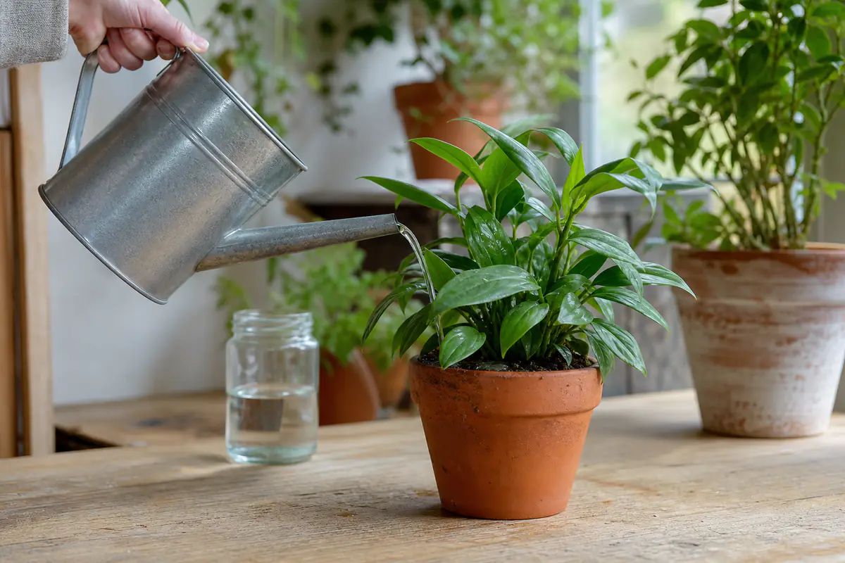 Arrosoir en métal versant un filet d’eau dans un pot de plante verte posé près d’une fenêtre lumineuse