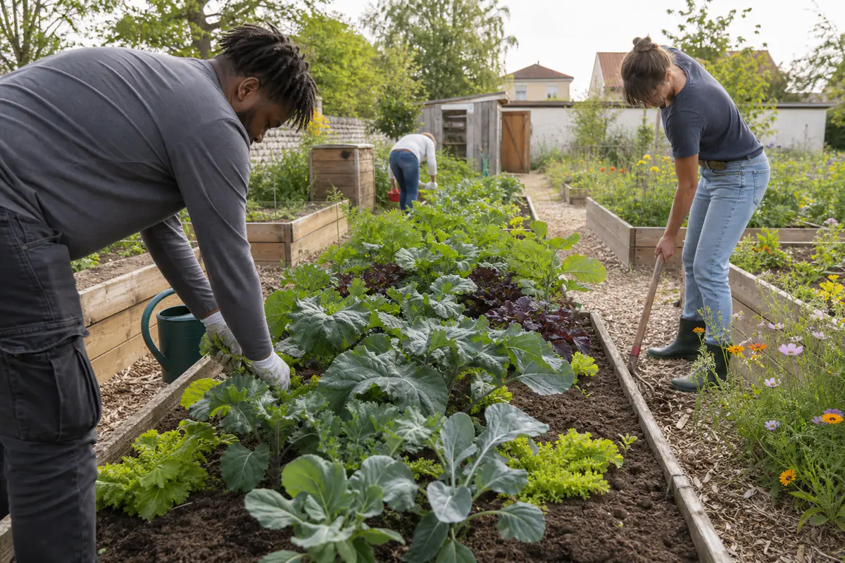Habitants réunis autour de planches potagères paillées dans un jardin collectif fleuri et ensoleillé
