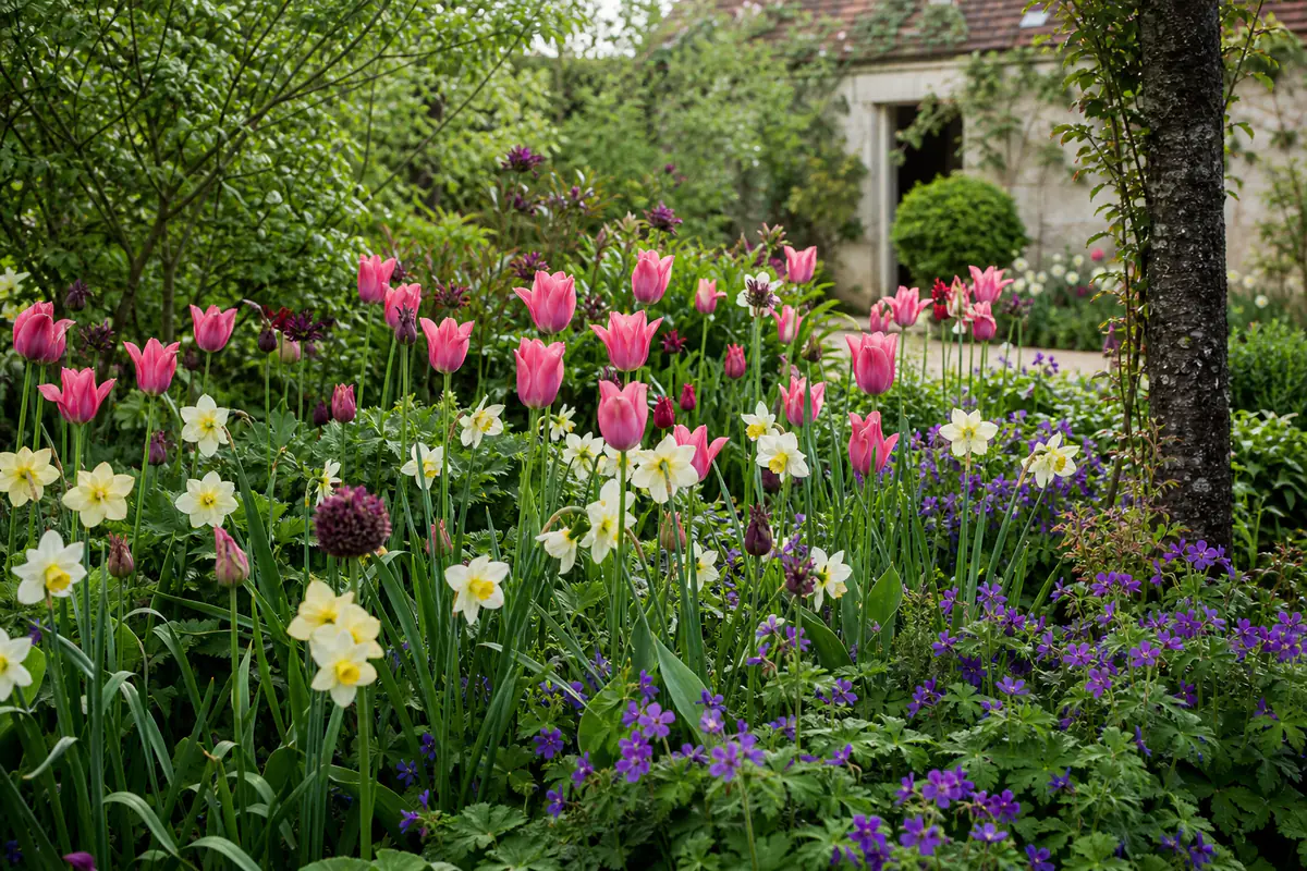 Massif de printemps mêlant tulipes roses, narcisses, alliums et géraniums vivaces sous lumière douce