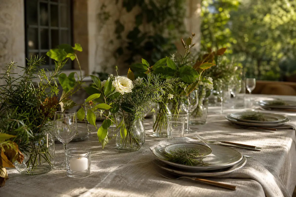Composition végétale maison basse avec romarin, feuillages et photophores sur une table de fête française