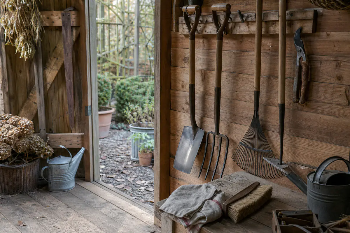 Outils de jardin propres, huilés et suspendus dans un abri sec avant l’hiver, prêts pour le printemps