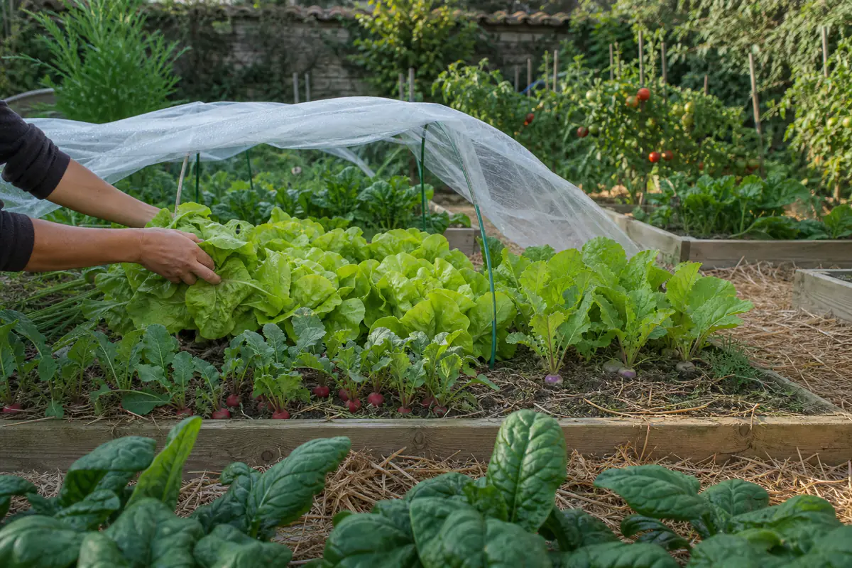Potager français en fin d’été avec salades, radis et mini-tunnel protégeant les jeunes légumes d’automne