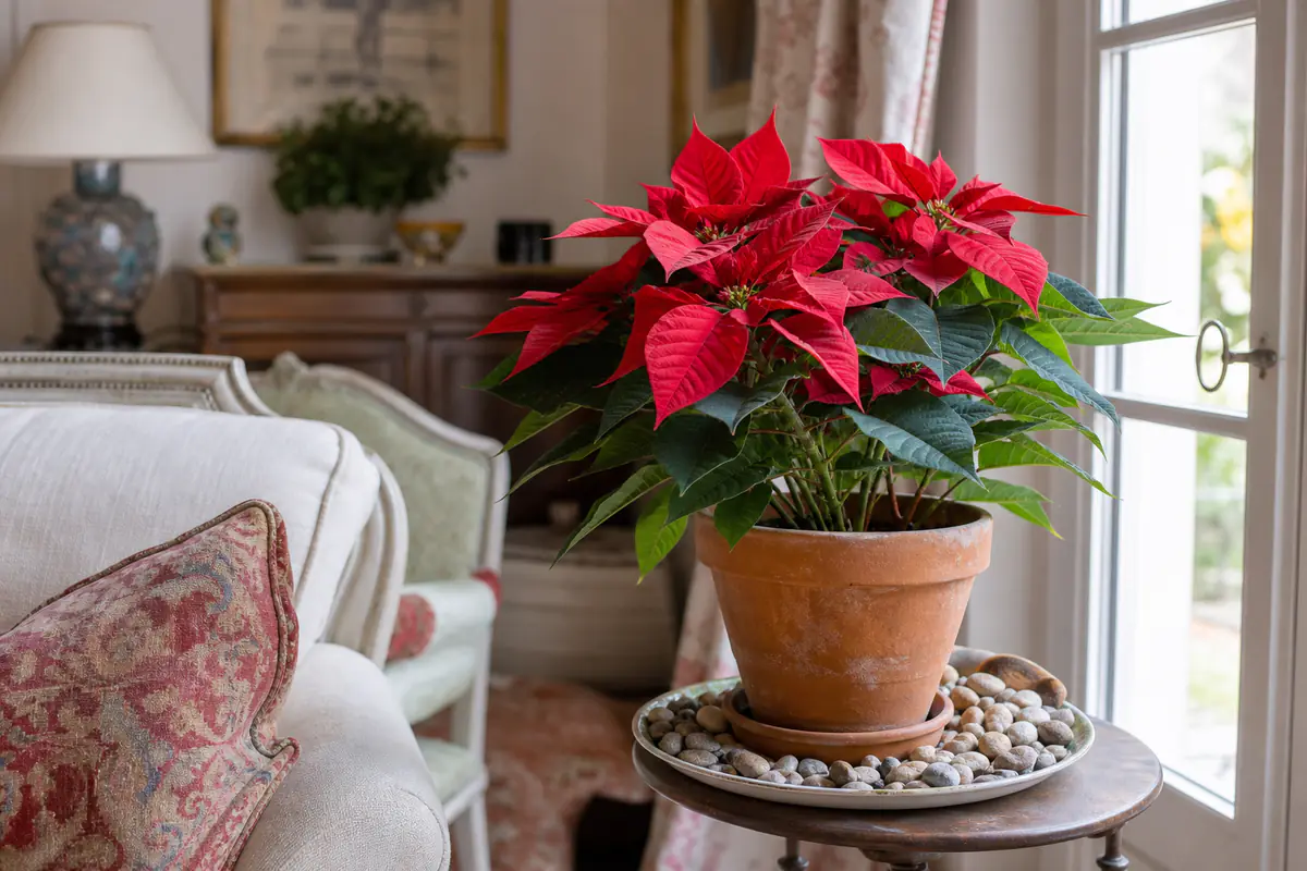 Poinsettia rouge en pot près d’une fenêtre lumineuse, éloigné d’un radiateur dans un salon français