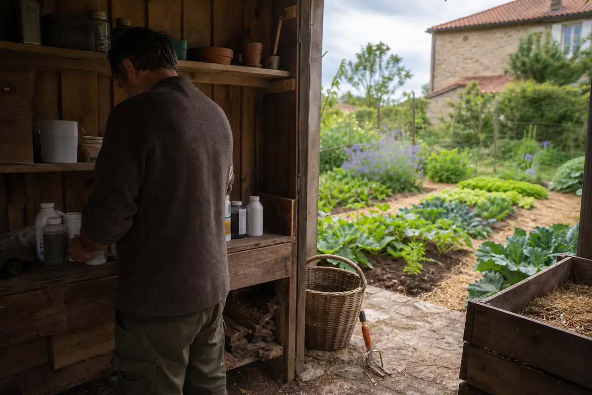 Jardinier français triant des bidons de produits de jardin dans un abri, avec paillage naturel au premier plan