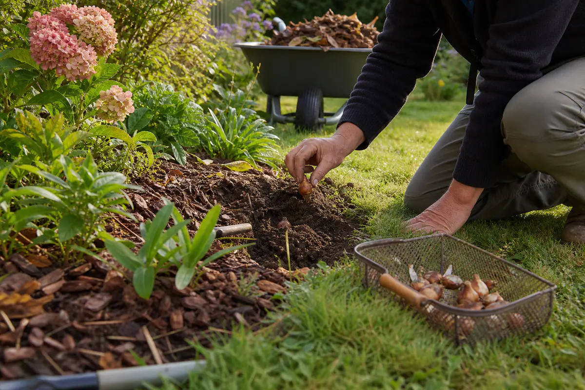 Jardin français en septembre avec massifs paillés, bulbes à planter et pelouse fraîchement tondue