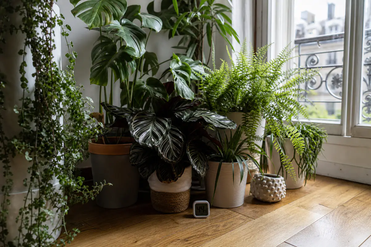 Groupe serré de plantes vertes d’intérieur près d’une fenêtre, avec un petit hygromètre posé entre les pots
