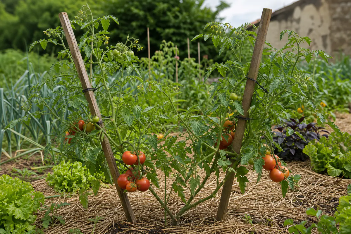 Plant de tomate conduit sur deux tiges, attaché à un tuteur, avec bouquets de fruits au potager