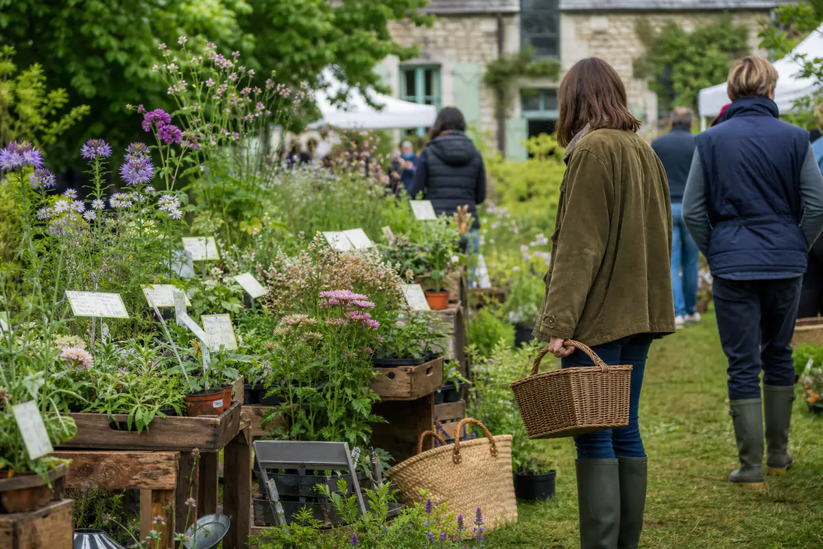 Visiteurs choisissant des vivaces fleuries sur des stands de pépiniéristes lors d’un festival des plantes