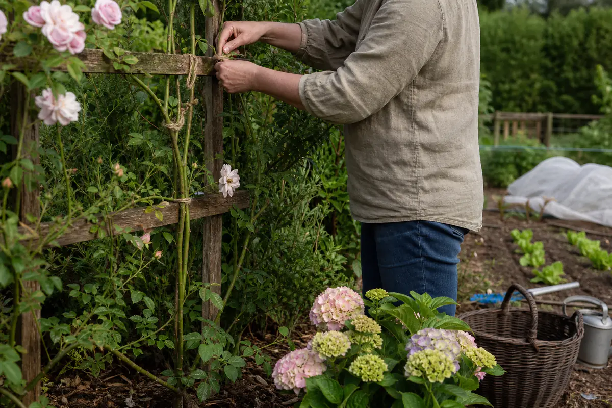 Jardinier attachant un rosier grimpant et paillant un massif fleuri dans un jardin français en fin de juin