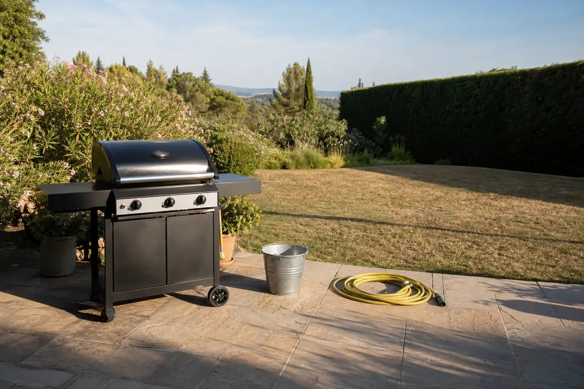 Barbecue à gaz sur une terrasse minérale, loin d’une haie sèche, avec un seau d’eau prêt à servir