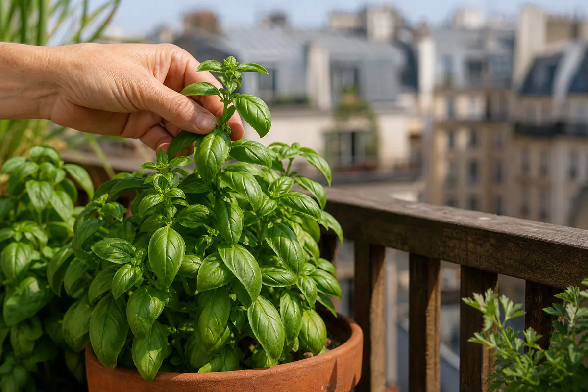 Plant de basilic touffu en pot sur un balcon ensoleillé, une main pinçant délicatement l'extrémité d'une tige