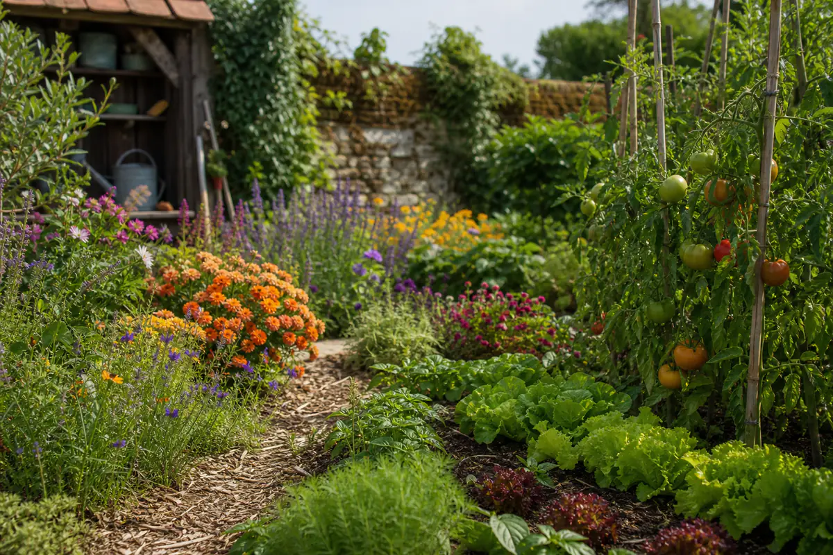 Jardin fleuri et potager soigné avec allées paillées, légumes d’été et vivaces en pleine floraison