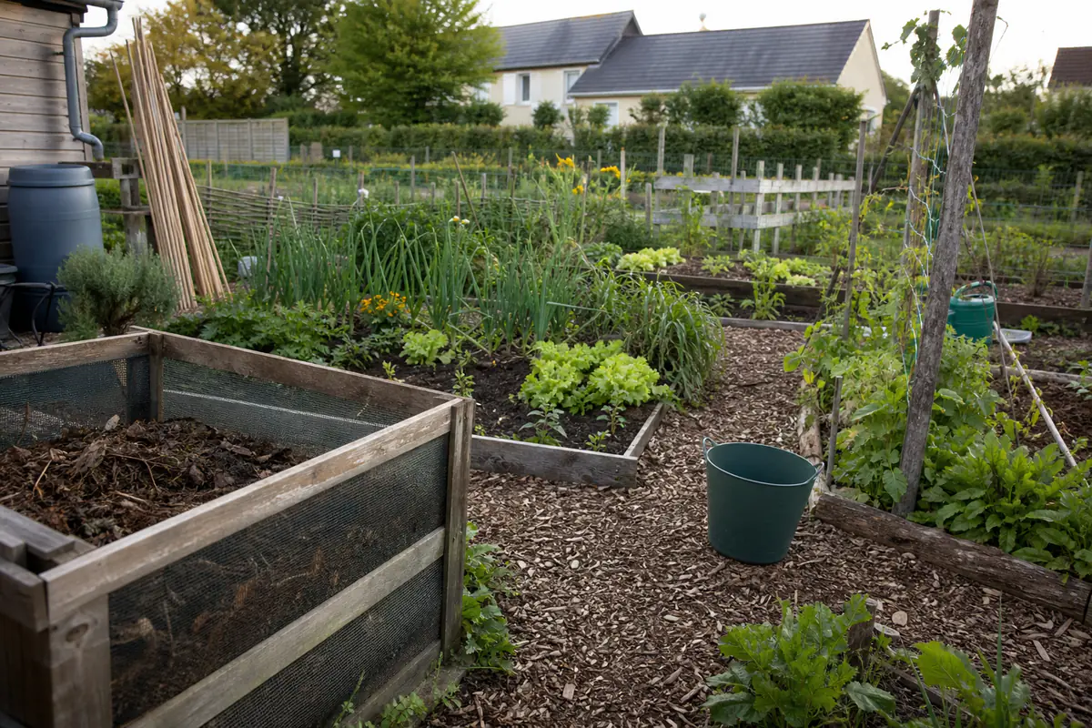 Jardiniers de tous âges cultivant des légumes dans un jardin partagé avec planches paillées et composteur