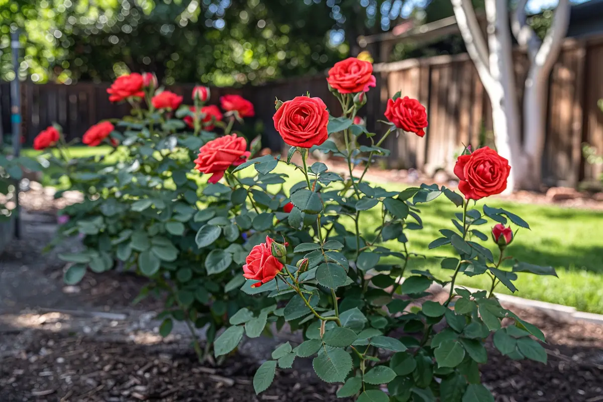 Rosier buisson en fleurs planté dans un massif ensoleillé, aéré et paillé près d’une allée de jardin