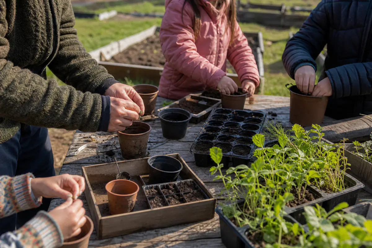 Participants autour d’une table de semis, triant des graines et repiquant des plants dans un jardin familial