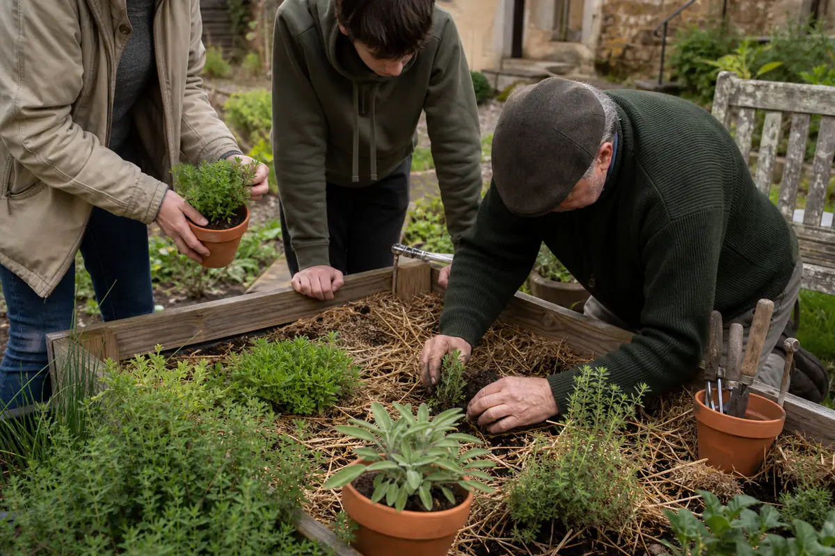 Retraité transmettant les gestes de plantation à une famille autour d’un potager en bois dans un jardin français