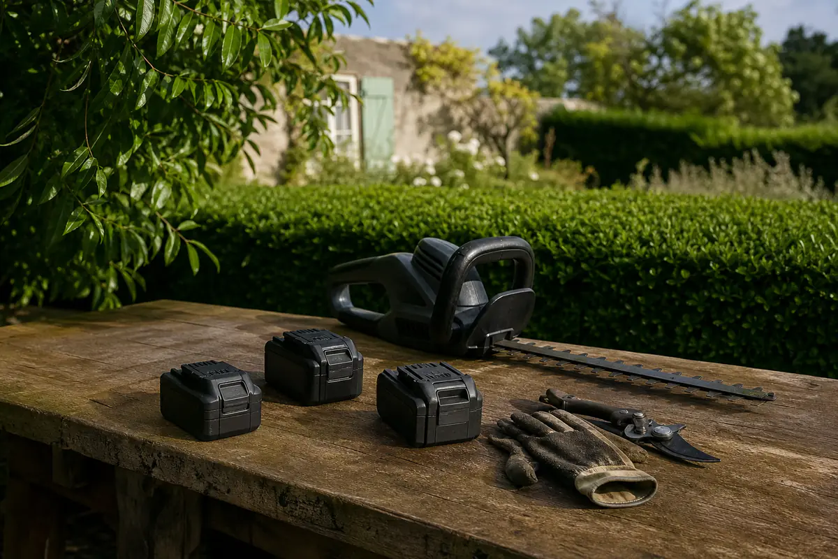 Trois batteries d’outils sans fil de capacités différentes posées près d’un taille-haies dans un jardin français